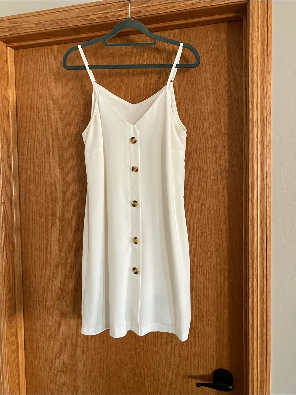 Classic White Button-Front Mini Slip Dress with Spaghetti Straps